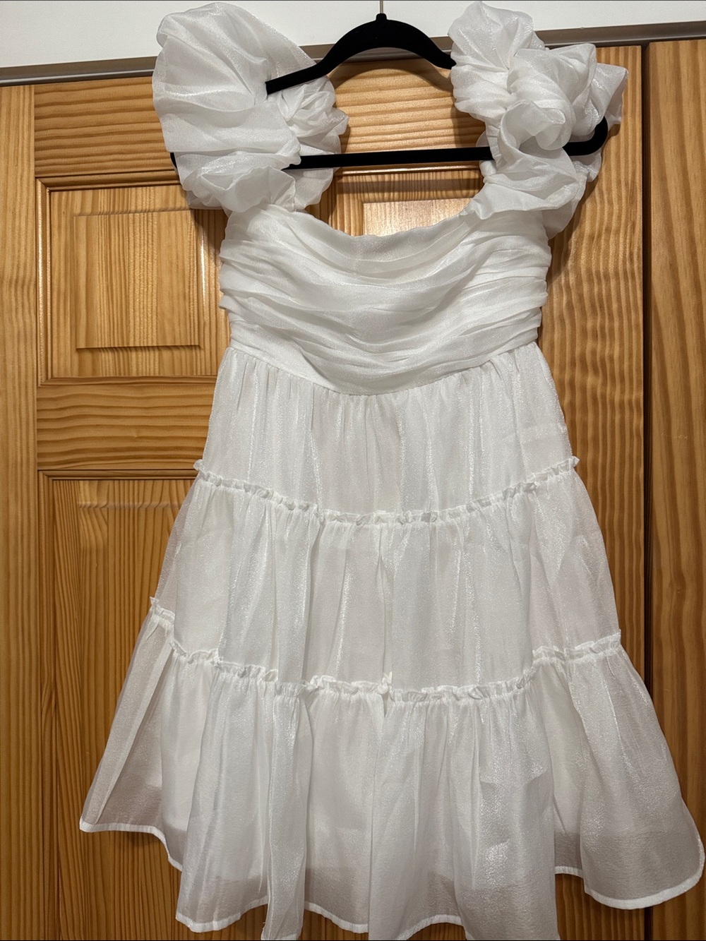 Main Strip White Puffy Sleeve Tiered Dress for Girls